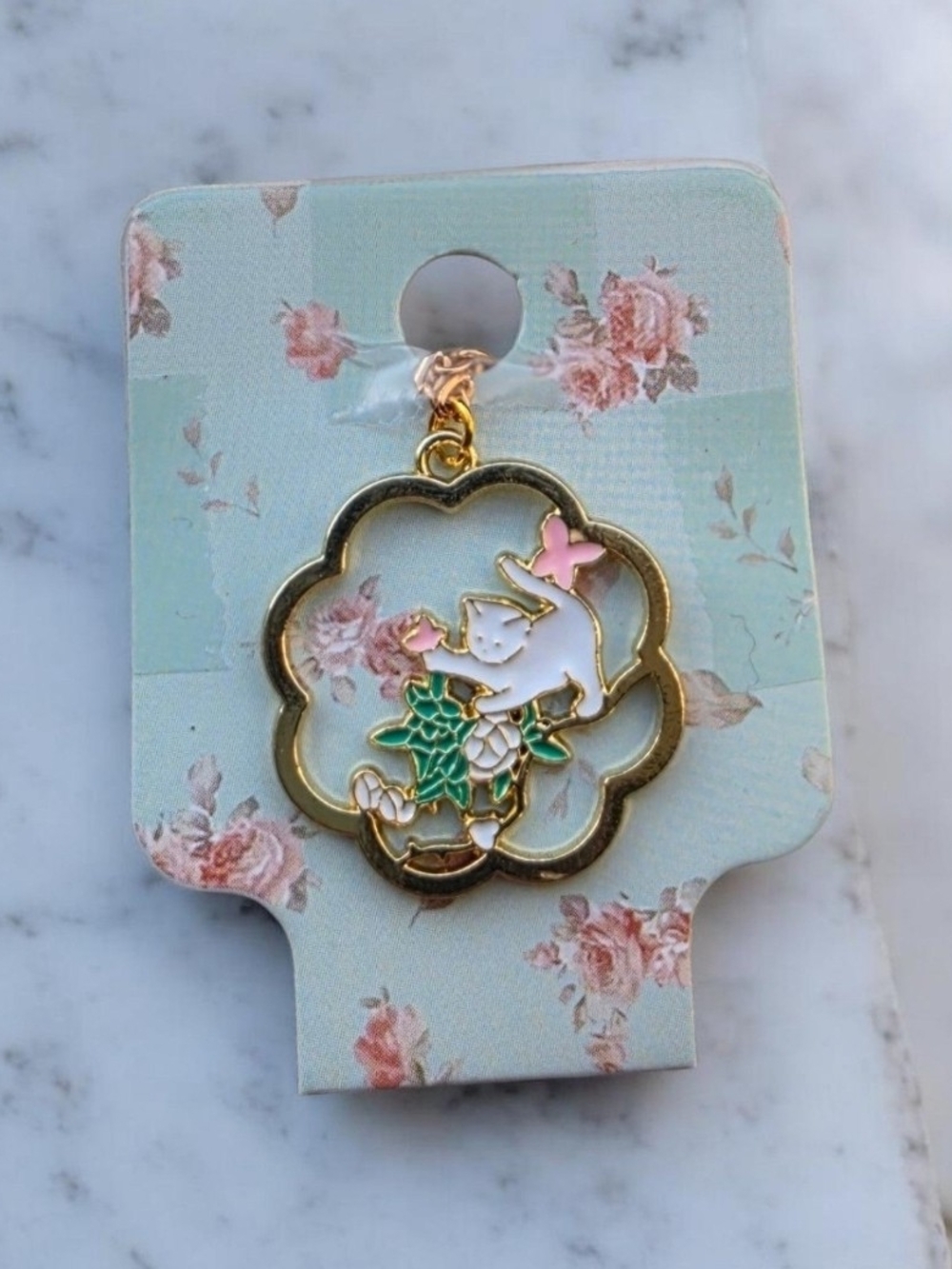 Gold Floral Cat Pendant Necklace in White, Pink & Green